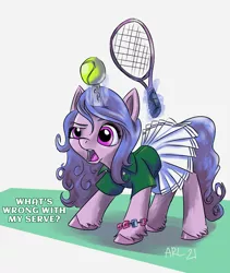 Size: 3300x3908 | Tagged: safe, artist:lytlethelemur, derpibooru import, izzy moonbow, pony, unicorn, ball, clothes, dialogue, female, g5, high res, horn, horn guard, horn impalement, hornball, image, izzy's tennis ball, magic, mare, open mouth, png, shirt, signature, skirt, solo, sports, telekinesis, tennis, tennis ball, tennis racket, unshorn fetlocks