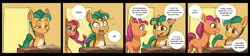 Size: 3338x751 | Tagged: suggestive, artist:siroc, derpibooru import, hitch trailblazer, sunny starscout, earth pony, pony, 4 panel comic, book, comic, female, g5, image, implied hitchpipp, implied onlyfans, implied pipp petals, implied porn, male, mare, nervous, open mouth, png, reading, speech bubble, stallion, sweat, sweatdrops