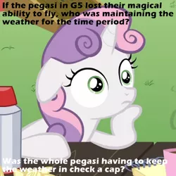 Size: 500x500 | Tagged: safe, derpibooru import, edit, edited screencap, screencap, sweetie belle, pony, unicorn, caption, continuity error, cropped, exploitable meme, female, filly, foal, g5, g5 pegasi can't fly, image, image macro, meme, obligatory pony, png, solo, sudden clarity sweetie belle, text