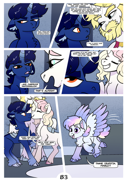 Size: 2100x3000 | Tagged: safe, artist:loryska, derpibooru import, prince blueblood, oc, oc:indigo sky, oc:ipomoea (loryska), oc:marshmallow kiss, pegasus, pony, unicorn, comic:friendship grows, female, filly, image, magical lesbian spawn, offspring, older, parent:trixie, parent:twilight sparkle, parents:twixie, png