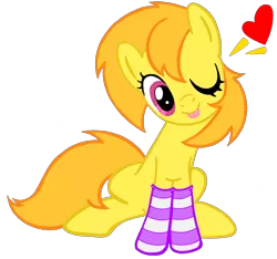 Size: 2396x2247 | Tagged: safe, artist:telasra, derpibooru import, oc, oc:sunshine, unofficial characters only, earth pony, pony, clothes, earth pony oc, heart, image, one eye closed, png, simple background, smiling, socks, solo, striped socks, transparent background, wink