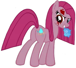 Size: 2409x2171 | Tagged: semi-grimdark, artist:telasra, derpibooru import, pinkie pie, earth pony, pony, blood, eyelashes, female, image, implied trixie, mare, mouth hold, pinkamena diane pie, png, simple background, solo, transparent background