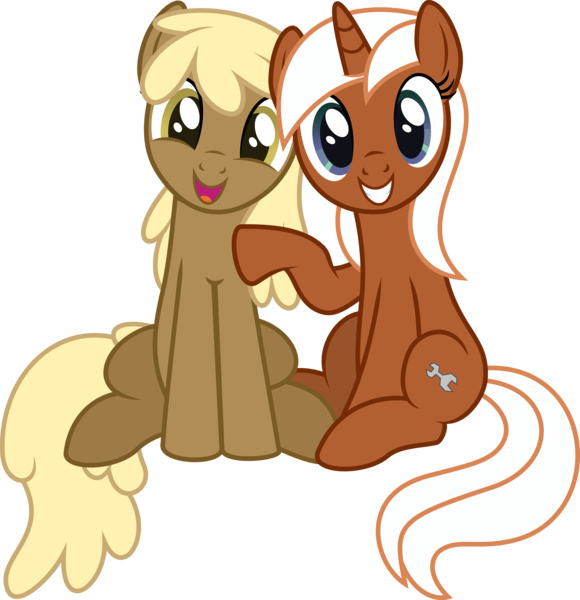 Size: 9091x9408 | Tagged: safe, artist:thatusualguy06, derpibooru import, mjölna, silver spanner, earth pony, pony, unicorn, .svg available, absurd resolution, duo, duo female, female, image, mare, open mouth, open smile, png, simple background, sitting, smiling, transparent background, vector