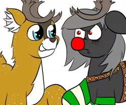 Size: 1100x914 | Tagged: safe, artist:tranzmuteproductions, derpibooru import, oc, oc:tyandaga, unofficial characters only, bat pony, deer, pony, reindeer, antlers, bat pony oc, bat wings, clothes, duo, frown, grin, harness, image, male, png, red nose, simple background, smiling, socks, stallion, striped socks, tack, white background, wings