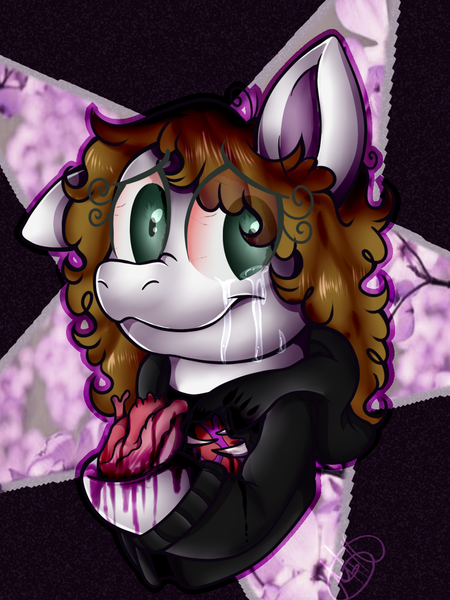 Size: 852x1136 | Tagged: semi-grimdark, artist:millefaller, derpibooru import, earth pony, pony, blood, bust, clothes, crying, female, heart (organ), hoodie, hoof hold, image, mare, organs, png, signature, smiling, solo