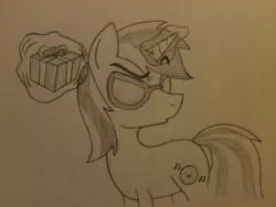 Size: 2048x1536 | Tagged: safe, artist:zombietator, derpibooru import, oc, unofficial characters only, pony, unicorn, glasses, glow, glowing horn, horn, image, jpeg, lineart, looking back, magic, present, telekinesis, traditional art, unicorn oc