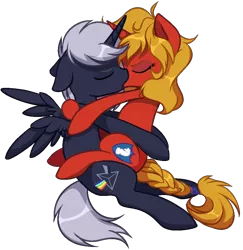 Size: 872x896 | Tagged: safe, artist:unichan, derpibooru import, oc, oc:quantum flash, oc:steel prism, alicorn, pony, unicorn, alicorn oc, commission, embrace, eyes closed, female, horn, image, kissing, making out, male, png, simple background, stallion, transparent background, wings, ych result