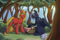 Size: 2153x1431 | Tagged: safe, artist:moontwinkle, derpibooru import, oc, oc:quantum flash, oc:steel prism, alicorn, pony, unicorn, alicorn oc, commission, female, forest, horn, image, male, mare, picnic, png, stallion, tree, wings