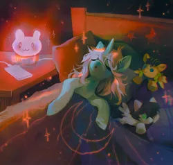 Size: 2154x2051 | Tagged: safe, artist:dearmary, derpibooru import, oc, oc:scoops, unofficial characters only, pony, unicorn, bed, image, jpeg, lamp, lying down, on back, phone, plushie, sleeping, solo