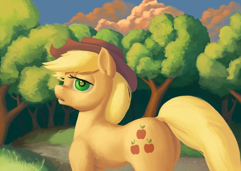 Size: 1754x1240 | Tagged: safe, artist:escapisttwi, derpibooru import, applejack, forest, image, jpeg, looking to side, looking to the left, path, scenery, sideways glance, trail, tree