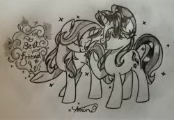 Size: 3812x2621 | Tagged: safe, artist:c.a.m.e.l.l.i.a, derpibooru import, starlight glimmer, trixie, pony, unicorn, black and white, female, grayscale, image, jpeg, mare, monochrome, simple background, traditional art