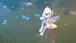 Size: 1920x1080 | Tagged: safe, artist:bronydj, derpibooru import, derpy hooves, butterfly, insect, pegasus, pony, 3d, forest, grass, image, png, solo, source filmmaker, tree, tree stump