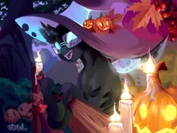 Size: 2000x1500 | Tagged: safe, artist:pixelgreen, derpibooru import, oc, oc:tarsi, unofficial characters only, changeling, candle, candlelight, changeling oc, clothes, commission, costume, fangs, fence, glasses, halloween, hat, holiday, image, jack-o-lantern, png, pumpkin, smiling, solo, wings, witch hat, ych result
