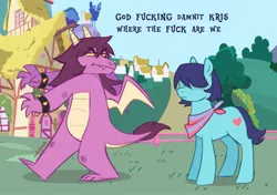 Size: 2000x1409 | Tagged: safe, artist:makalawa.exe, derpibooru import, ponified, dragon, earth pony, pony, clothes, deltarune, dragonified, fanart, god fucking damnit kris where the fuck are we, house, image, jpeg, kris (deltarune), meme, ponyville, scarf, species swap, susie (deltarune), tree