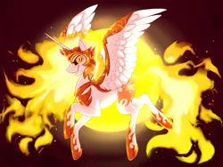 Size: 4160x3120 | Tagged: safe, artist:sn0wy18, derpibooru import, daybreaker, alicorn, pony, armor, commission, eyelashes, feather, female, flowing mane, flowing tail, flying, gem, grin, helmet, high res, hoof shoes, horn, image, looking at you, mane of fire, png, simple background, smiling, smiling at you, solo, spread wings, sun, tail, wing armor, wings, yellow eyes