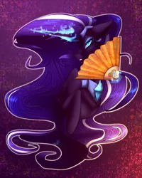 Size: 2560x3200 | Tagged: safe, artist:flabight568, derpibooru import, nightmare rarity, pony, unicorn, blue eyes, bust, colored pupils, crown, eyelashes, fan, female, flowing mane, gem, glow, glowing horn, high res, horn, image, jewelry, logo, looking at you, magic, magic aura, png, purple background, purple mane, regalia, simple background, solo, teeth, telekinesis