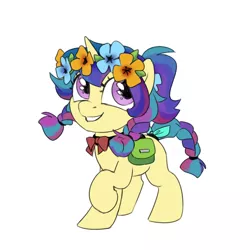 Size: 680x680 | Tagged: safe, artist:jewellier, derpibooru import, oc, oc:sagitta, unofficial characters only, pony, bag, disguise, disguised changeling, female, flower, flower in hair, image, mare, oda 997, png, simple background, smiling, solo, young