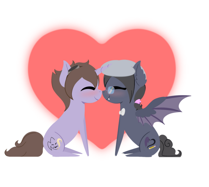 Size: 900x802 | Tagged: safe, artist:nivimonster, derpibooru import, oc, oc:pandemonium, unofficial characters only, bat pony, pony, unicorn, chibi, image, nuzzling, png