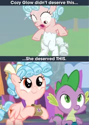 Size: 430x600 | Tagged: safe, derpibooru import, edit, edited edit, edited screencap, editor:undeadponysoldier, screencap, cozy glow, spike, dragon, pegasus, pony, school raze, the ending of the end, annoying, bag, bow, cozy deserved this, cozylove, drama, female, filly, freckles, hair bow, image, op can't let go, op needs to stop, paper bag, png, pursuit, reformed, worst ship idea award