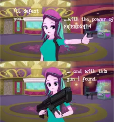Size: 1282x1370 | Tagged: safe, artist:missmagnificence, derpibooru import, starlight glimmer, equestria girls, mirror magic, spoiler:eqg specials, 3d, bracelet, claw machine, clothes, comic, dialogue, eyeshadow, female, gun, image, jewelry, koikatsu, makeup, open mouth, png, rifle, shirt, solo, weapon