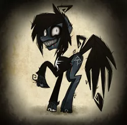 Size: 1280x1265 | Tagged: safe, artist:sush-adopts, derpibooru import, oc, ponified, ponified:oliver sykes, earth pony, pony, undead, zombie, zombie pony, beady eyes, blood, bone, bring me the horizon, clothes, colored hooves, commission, creepy, creepy smile, drop dead clothing, grin, image, jpeg, long sleeves, looking at you, male, rainbow blood, raised leg, scar, shirt, smiling, stallion, stitches, ych result