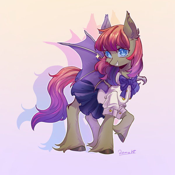 Size: 1900x1900 | Tagged: safe, artist:qamar, derpibooru import, oc, oc:xuan mai, unofficial characters only, bat pony, pony, bat pony oc, bat wings, clothes, image, png, simple background, skirt, sparkles, unshorn fetlocks, wings