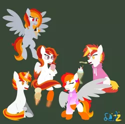 Size: 6291x6204 | Tagged: safe, artist:samsailz, derpibooru import, oc, oc:crimson trace, oc:shyfire, oc:tridashie, unofficial characters only, pegasus, pony, unicorn, :p, clone, clothes, doppelganger, flying, food, hoodie, ice cream, image, licking, lineless, multeity, png, spoon, sundae, tongue out, wings