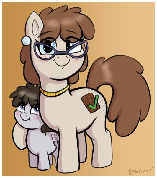 Size: 1917x2163 | Tagged: safe, artist:heretichesh, derpibooru import, truffle shuffle, oc, oc:chocolate checkmark, earth pony, pony, colt, cute, duo, ear piercing, earring, female, freckles, glasses, gradient background, image, jewelry, jpeg, looking at you, male, mare, mother and child, mother and son, necklace, piercing, smiling, smiling at you