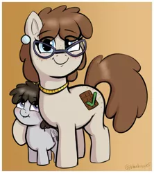 Size: 1917x2163 | Tagged: safe, artist:heretichesh, derpibooru import, truffle shuffle, oc, oc:chocolate checkmark, earth pony, pony, colt, cute, duo, ear piercing, earring, female, freckles, glasses, gradient background, image, jewelry, jpeg, looking at you, male, mare, mother and child, mother and son, necklace, piercing, smiling, smiling at you