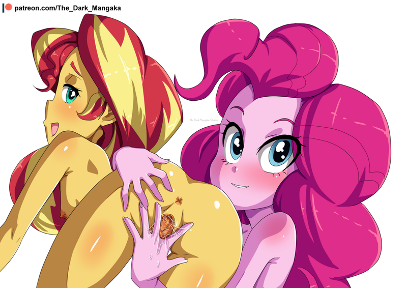 Size: 1522x1076 | Tagged: explicit, artist:the-dark-mangaka, derpibooru import, pinkie pie, sunset shimmer, equestria girls, anus, ass, assisted exposure, bedroom eyes, blushing, breasts, bunset shimmer, butt, female, females only, image, lesbian, looking at you, looking back, looking back at you, nipples, nudity, png, shipping, simple background, small breasts, smiling, spread pussy, sunsetpie, vagina, vaginal secretions, vulva, white background