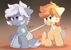 Size: 2064x1457 | Tagged: safe, artist:mochi_nation, derpibooru import, oc, oc:flame egg, oc:silver bolt, unofficial characters only, earth pony, pony, angry, bandage, coat markings, duo, earth pony oc, female, floppy ears, gradient background, image, jpeg, lidded eyes, mare, mouth hold, purple eyes, shadow, sitting, underhoof, yellow eyes