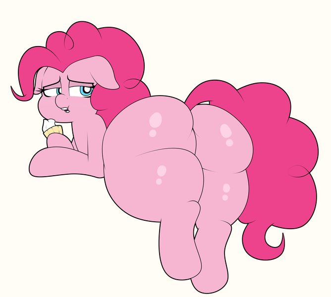Size: 2920x2624 | Tagged: suggestive, artist:blitzyflair, derpibooru import, pinkie pie, earth pony, pony, balloonbutt, butt, cupcake, eating, fat, female, floppy ears, food, image, jpeg, looking back, lying down, mare, open mouth, plot, rear view, simple background, solo, solo female, the ass was fat, white background, wide hips