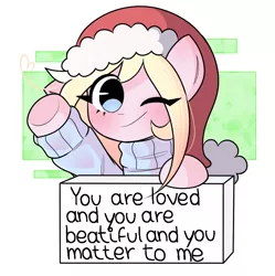 Size: 720x723 | Tagged: safe, artist:franshushu, derpibooru import, oc, oc:chuckles, earth pony, pony, advertisement, christmas, clothes, commission, commission info, female, hat, holiday, image, jpeg, love, positive message, positive ponies, smiling, solo, sweater