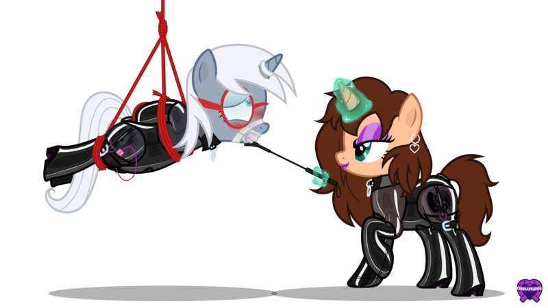 Size: 5333x3000 | Tagged: questionable, artist:applec1234, derpibooru import, oc, oc:chloe adore, oc:sarah pinpoint, unofficial characters only, pony, unicorn, arm behind back, bondage, boots, clothes, dominatrix, egg vibrator, female, females only, gag, glow, glowing horn, high res, horn, horn ring, image, latex, magic suppression, png, raised hoof, riding crop, ring, rope, rope bondage, rubber, sex toy, shadow, shoes, show accurate, show accurate porn, simple background, smiling, suspended, suspension bondage, transparent background, unicorn oc, vector, vibrator, watermark