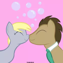 Size: 3600x3600 | Tagged: safe, artist:blinkshake, derpibooru import, derpy hooves, doctor whooves, time turner, earth pony, pegasus, pony, boop, bubble, doctorderpy, eyes closed, female, g4, image, male, mare, noseboop, nuzzles, pink background, png, shipping, simple background, smiling, stallion, straight