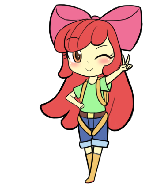Size: 843x1000 | Tagged: safe, artist:lumineko, derpibooru import, apple bloom, equestria girls, blushing, falling, image, one eye closed, peace sign, png, simple background, solo, transparent background, wink