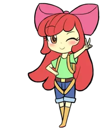 Size: 843x1000 | Tagged: safe, artist:lumineko, derpibooru import, apple bloom, equestria girls, blushing, falling, image, one eye closed, peace sign, png, simple background, solo, transparent background, wink