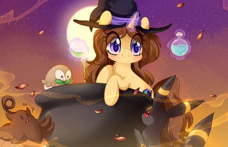 Size: 1549x1000 | Tagged: safe, artist:loyaldis, derpibooru import, oc, oc:astral flare, pumpkaboo, rowlet, umbreon, unicorn, cauldron, cute, female, full moon, halloween, hat, holiday, image, leaves, levitation, magic, moon, png, pokémon, spell, telekinesis, witch, witch hat