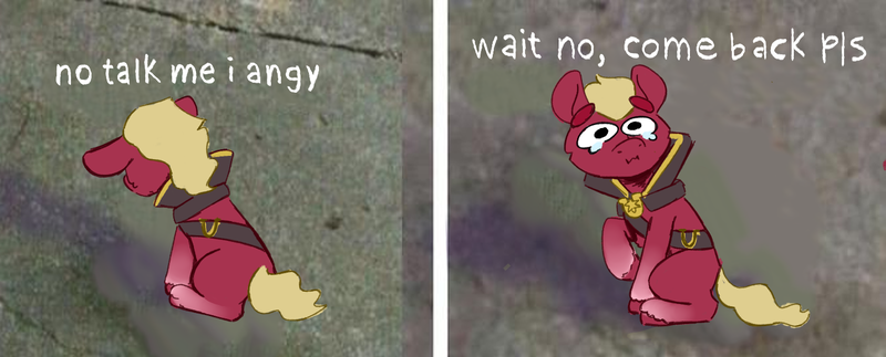 Size: 1500x605 | Tagged: safe, artist:apatheticxaddict, derpibooru import, sprout cloverleaf, earth pony, pony, my little pony: a new generation, 2 panel comic, comic, g5, image, intentional spelling error, male, meme, no talk me im angy, png, ponified animal photo, ponified meme, unshorn fetlocks