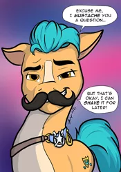 Size: 700x1000 | Tagged: safe, artist:the_gneech, derpibooru import, hitch trailblazer, my little pony: a new generation, bad pun, dialogue, disguise, facial hair, g5, gradient background, image, jpeg, moustache, pun, sheriff, simple background, smiling, word balloon