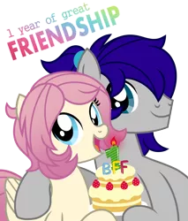 Size: 850x1000 | Tagged: safe, artist:jennieoo, derpibooru import, oc, oc:gentle star, oc:maverick, earth pony, pegasus, pony, anniversary, cake, celebration, food, friends, friendship, happy, hug, image, looking at you, png, simple background, smiling, smiling at you, transparent background, vector