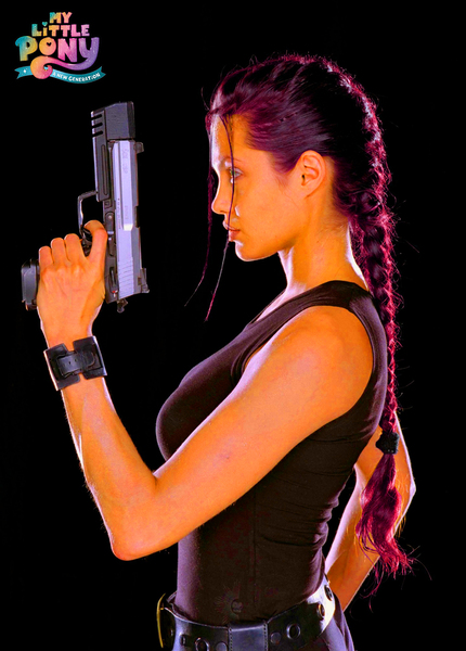 Size: 1440x2009 | Tagged: safe, color edit, derpibooru import, edit, sunny starscout, human, my little pony: a new generation, spoiler:my little pony: a new generation, angelina jolie, black background, colored, g5, gun, image, irl, irl human, jpeg, lara croft, logo, my little pony logo, photo, simple background, tomb raider, weapon, woman