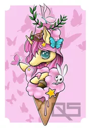 Size: 2500x3500 | Tagged: safe, artist:quasararts, derpibooru import, angel bunny, oc, oc:princess fluttershy, alicorn, butterfly, insect, pony, acorn, alicorn oc, alternate character design, alternate cutie mark, alternate hairstyle, alternate universe, commission, cute, element of kindness, food, horn, ice cream, ice cream cone, image, jewelry, png, stars, tiara, wings, ych result