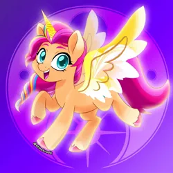 Size: 1500x1500 | Tagged: safe, alternate version, artist:alinabr00k, derpibooru import, sunny starscout, alicorn, earth pony, pony, my little pony: a new generation, spoiler:my little pony: a new generation, abstract background, alicornified, artificial wings, augmented, braid, colored hooves, cute, eyebrows, female, g5, image, jpeg, looking at you, magic, magic horn, magic wings, mare, open mouth, open smile, raised hoof, signature, smiling, solo, sunnybetes, sunnycorn, unshorn fetlocks, wings