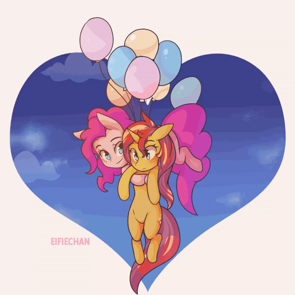 Size: 1200x1200 | Tagged: safe, artist:katakiuchi4u, derpibooru import, pinkie pie, sunset shimmer, earth pony, pony, unicorn, animated, balloon, blushing, cloud, duo, female, floating, floppy ears, freckles, gif, heart, heart shaped, holding, image, lesbian, mare, party balloon, ponytober, shipping, sky, smiling, sunsetpie