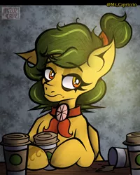 Size: 3000x3750 | Tagged: safe, artist:mrcapriccio, derpibooru import, oc, oc:sugary "citronnier" lime, pegasus, pony, abstract background, bags under eyes, bust, coffee, eyeshadow, female, high res, image, jpeg, looking at you, makeup, mare, neckerchief, ponytail, portrait, sleepy, solo, tattoo