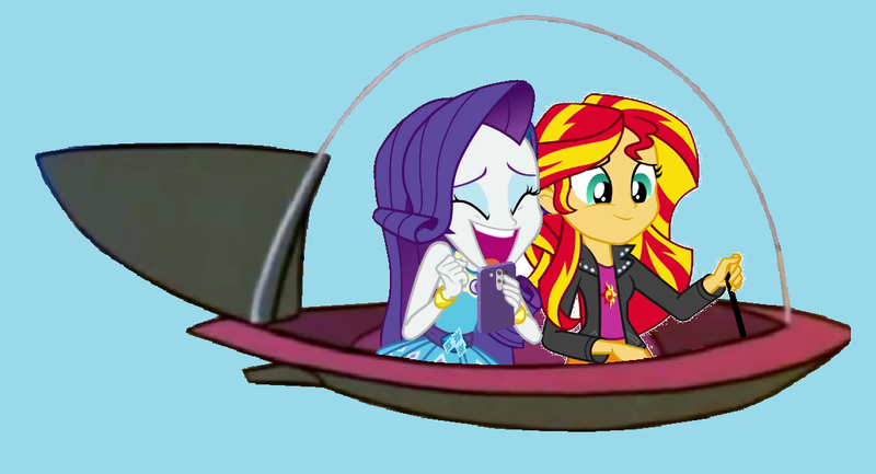 Size: 1146x620 | Tagged: safe, artist:guihercharly, derpibooru import, rarity, sunset shimmer, equestria girls, crossover, driving, flying, image, laughing, png, space car, spaceship, the jetsons