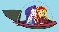 Size: 1146x620 | Tagged: safe, artist:guihercharly, derpibooru import, rarity, sunset shimmer, equestria girls, crossover, driving, flying, image, laughing, png, space car, spaceship, the jetsons