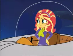 Size: 1053x810 | Tagged: safe, artist:guihercharly, derpibooru import, sunset shimmer, equestria girls, crossover, daphne blake, driving, glass dome, image, png, scooby doo, space, space car, spaceship, the jetsons