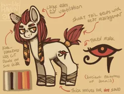 Size: 3300x2514 | Tagged: safe, artist:bumblehavenart, derpibooru import, oc, earth pony, pony, ammit, ancient earth pony, ancient egypt, beige background, bumblehaven au, cutie mark, earthen, egypt, eyebrows, female, hoof wraps, image, mare, mlp au, png, reference, solo, tail, tail wrap, text